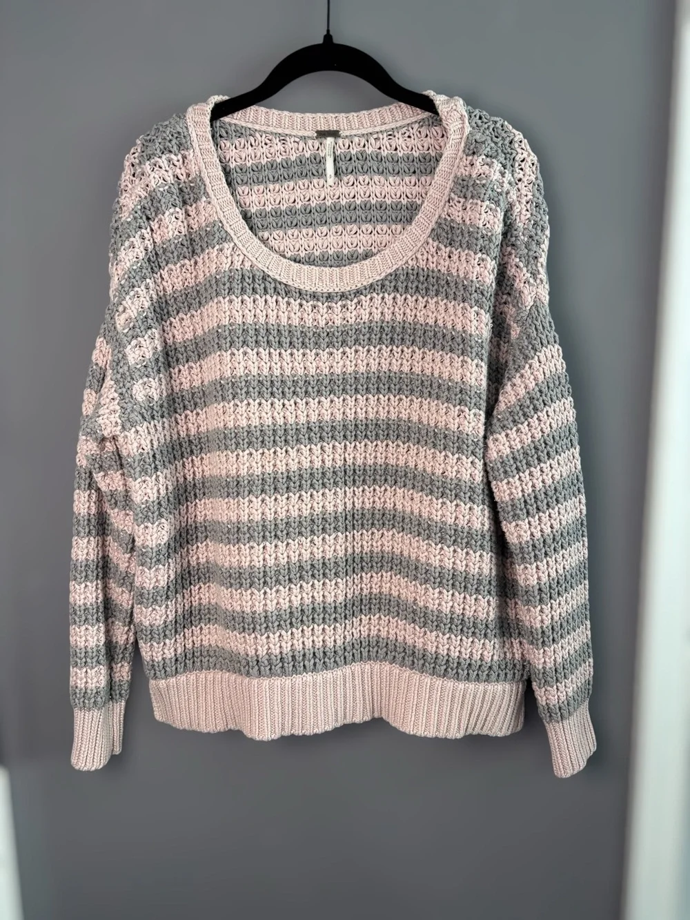 Free People Pink Gray Striped Chunky Knit Cotton Scoop Neck Sweater Small